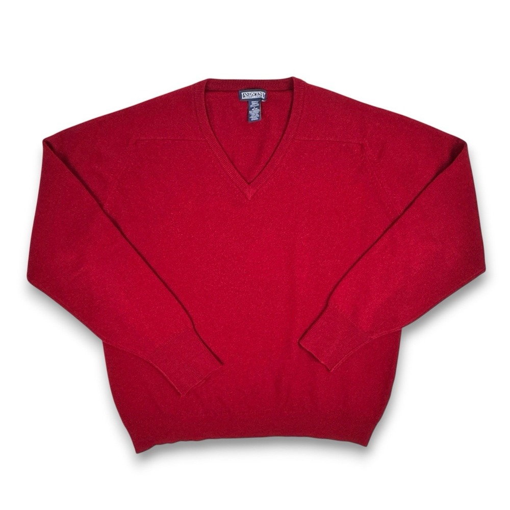 Land's End Men's Large‎ Sweater 100% Lambswool V-neck Long Sleeve Red Soft Knit